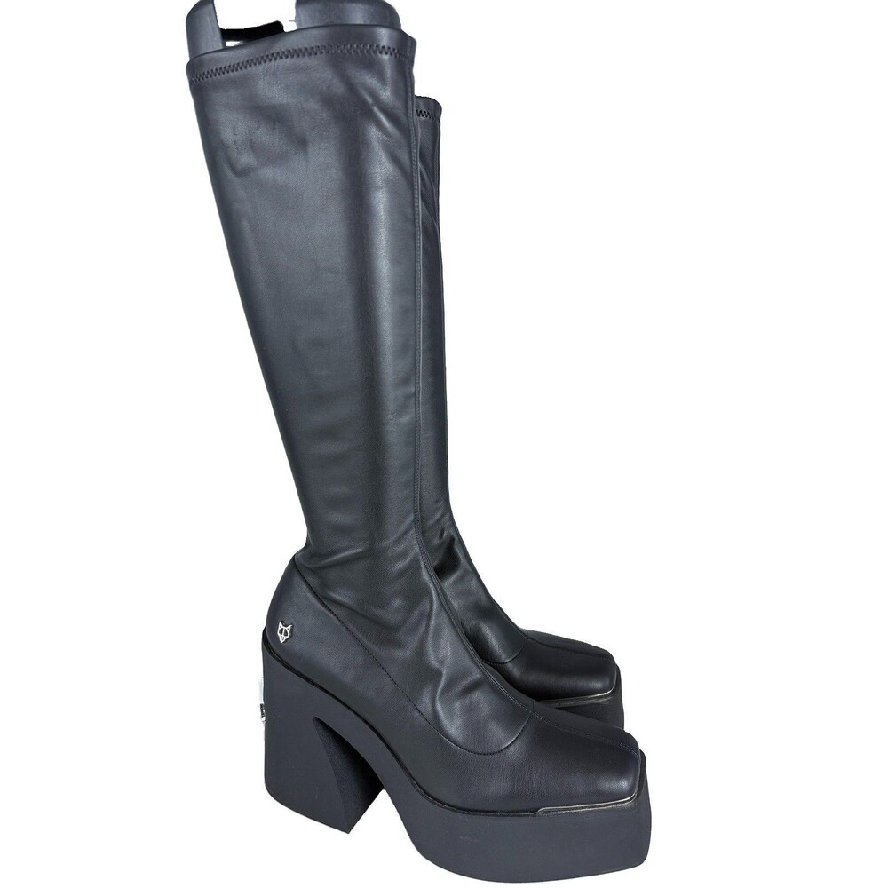 Naked Wolfe Black Stretch Platform Knee High Boots “Impact” Sz 10 Emo Goth Alt